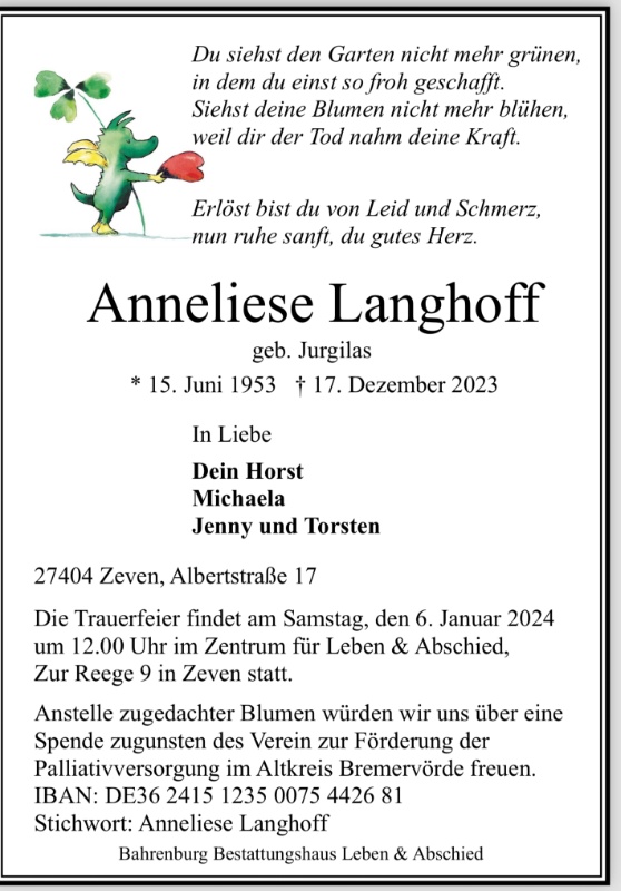 Erinnerungsbild für Anneliese Langhoff