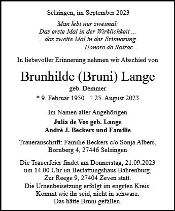 Erinnerungsbild für Brunhilde Lange