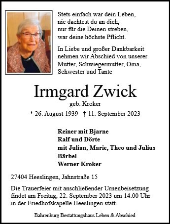 Erinnerungsbild für Irmgard Zwick