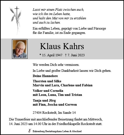 Erinnerungsbild für Klaus Kahrs